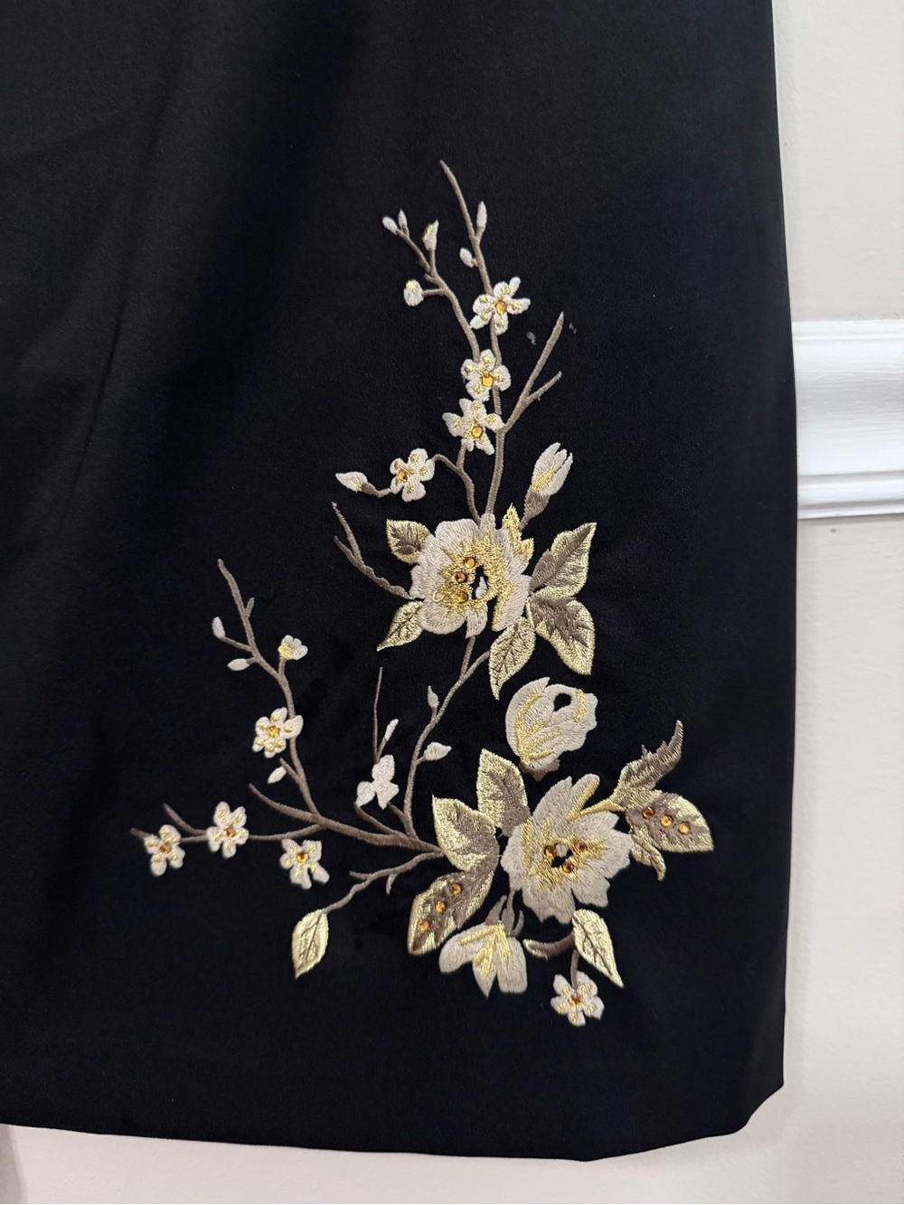 Black Spaghetti Strap Dress with Gold Floral Embroidery - Picture 3 of 5